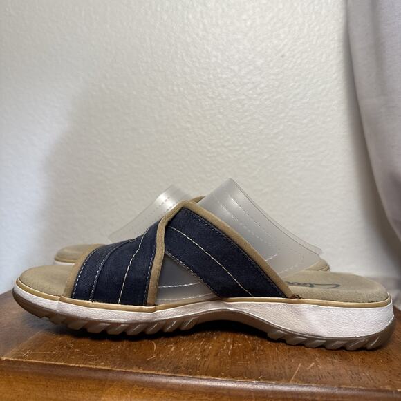 Clarks Womens Canvas Sandals Slide Open Toe Comfort Adjustable Band Blue Tan 6 - Picture 4 of 9